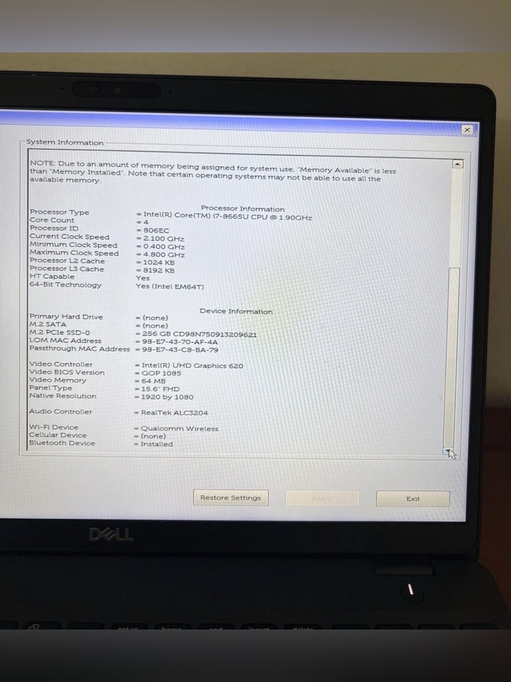 Dell Latitude 5500 Intel Core i7-8665u 1.90Ghz 16GB Ram 256GB SSD. - Picture 5 of 8